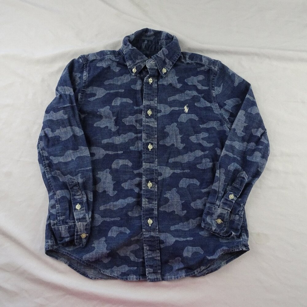 Ralph Lauren Kids Youth Boy Blue Camouflage Button Down Shirt Size 7